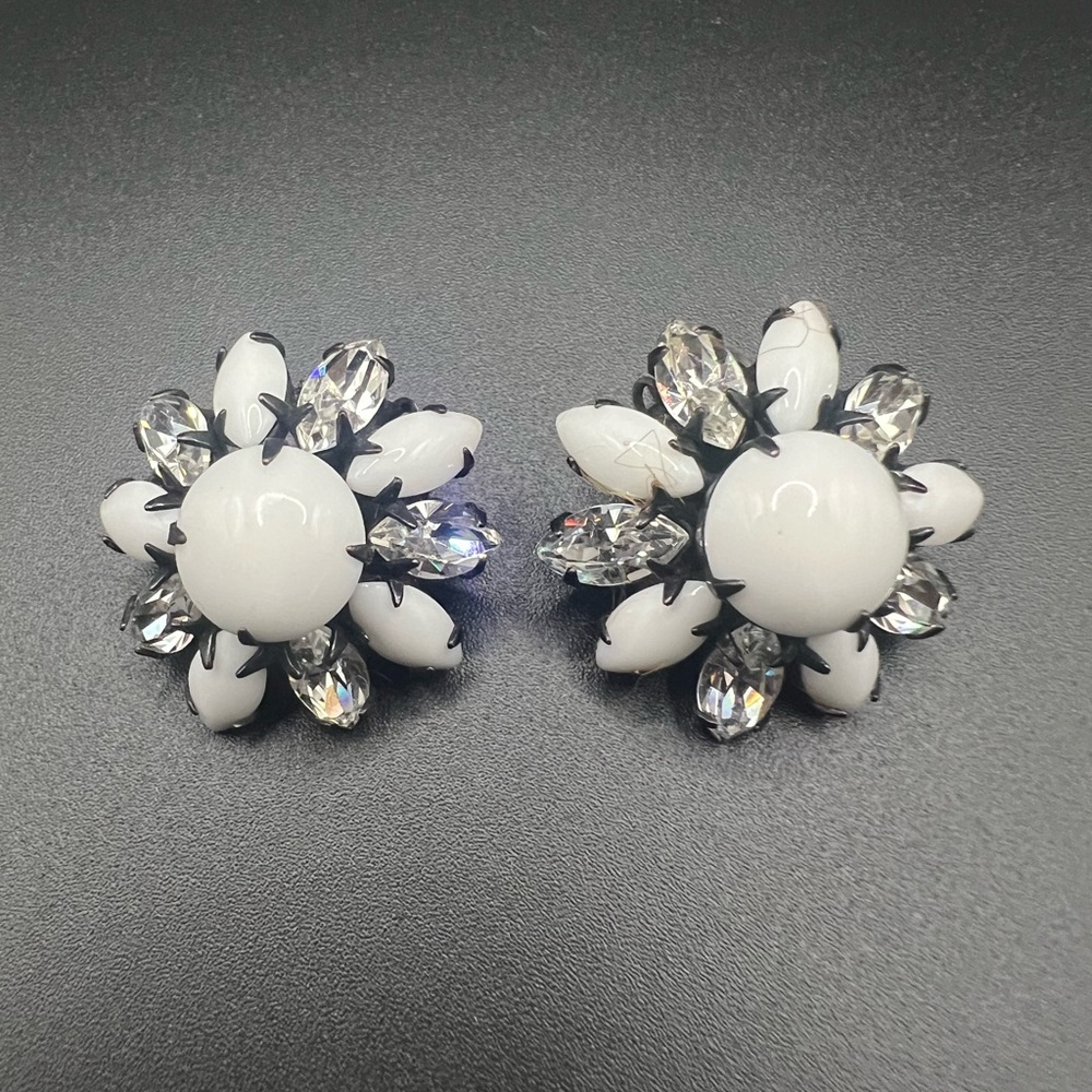Vintage Milk Glass and Rhinestone Clip on Earrings